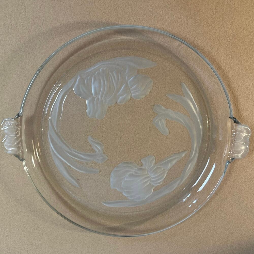 Vintage Heavy Frosted Clear Glass Iris Etched Serving Platter w/Leaf Handles 12"